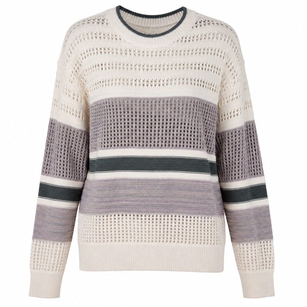 Hem & Thread Crochet Open Knit Sweater Womens M White Grey Striped Boho Airy